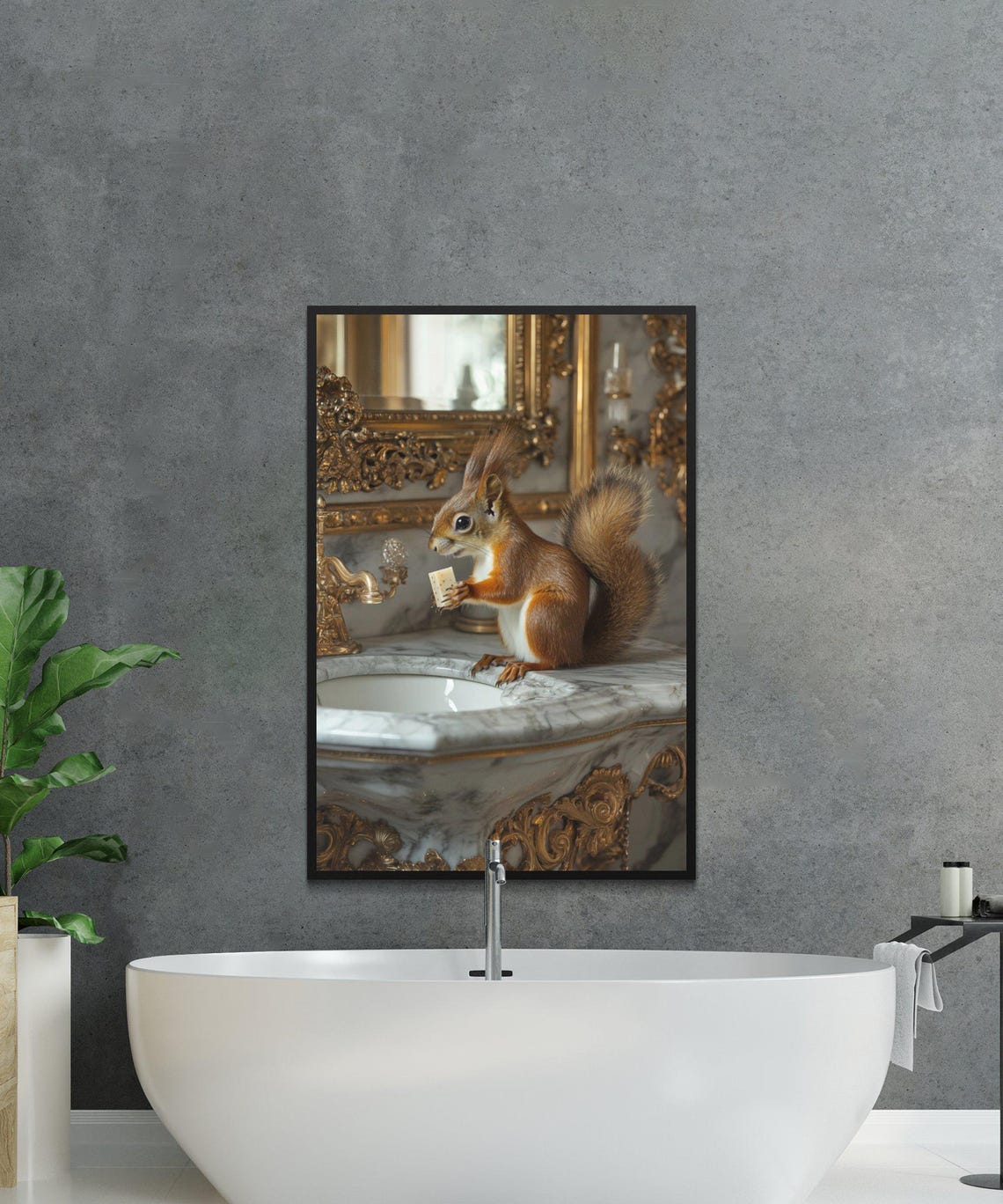 Tiny Red Squirrel Holding Soap on an Ornate Golden Marble Sink Poster - Image 2
