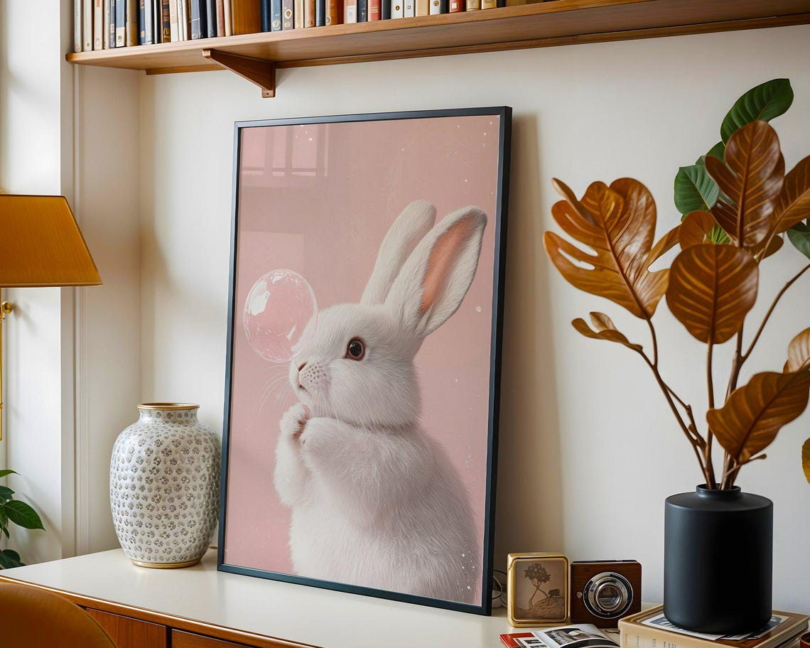 White Bunny Blowing Crystal Clear Bubble on Pink Sky Art Poster - Image 2