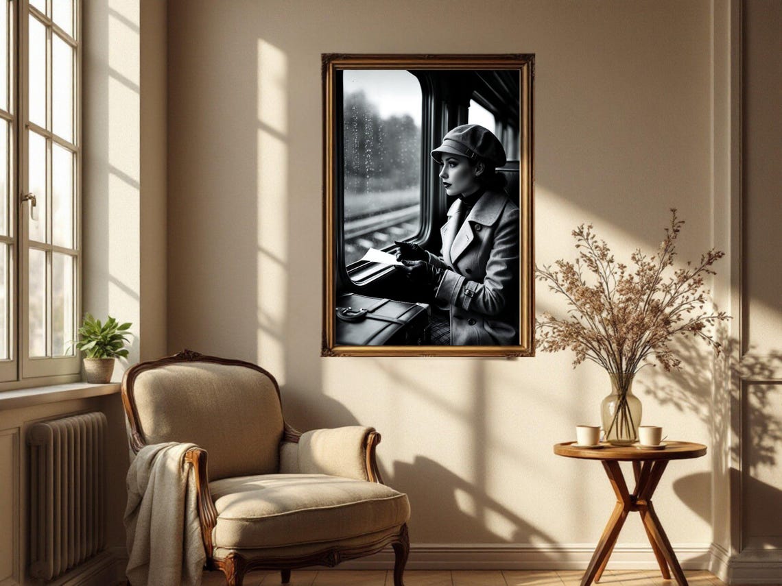 Woman in Hat on Rainy Train with Letter, Vintage Noir Poster - Image 2