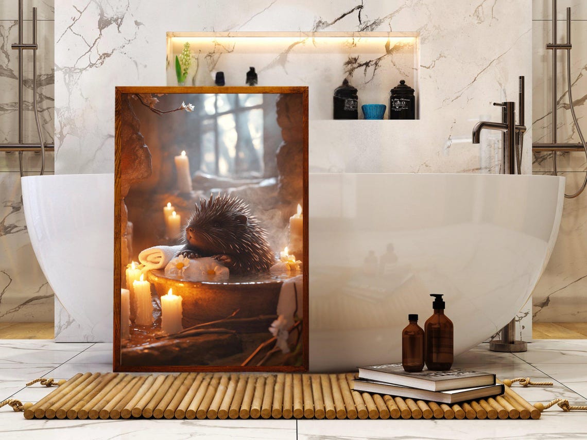 Hedgehog Relaxing in a Candlelit Stone Bath with Flowers Poster - Image 5