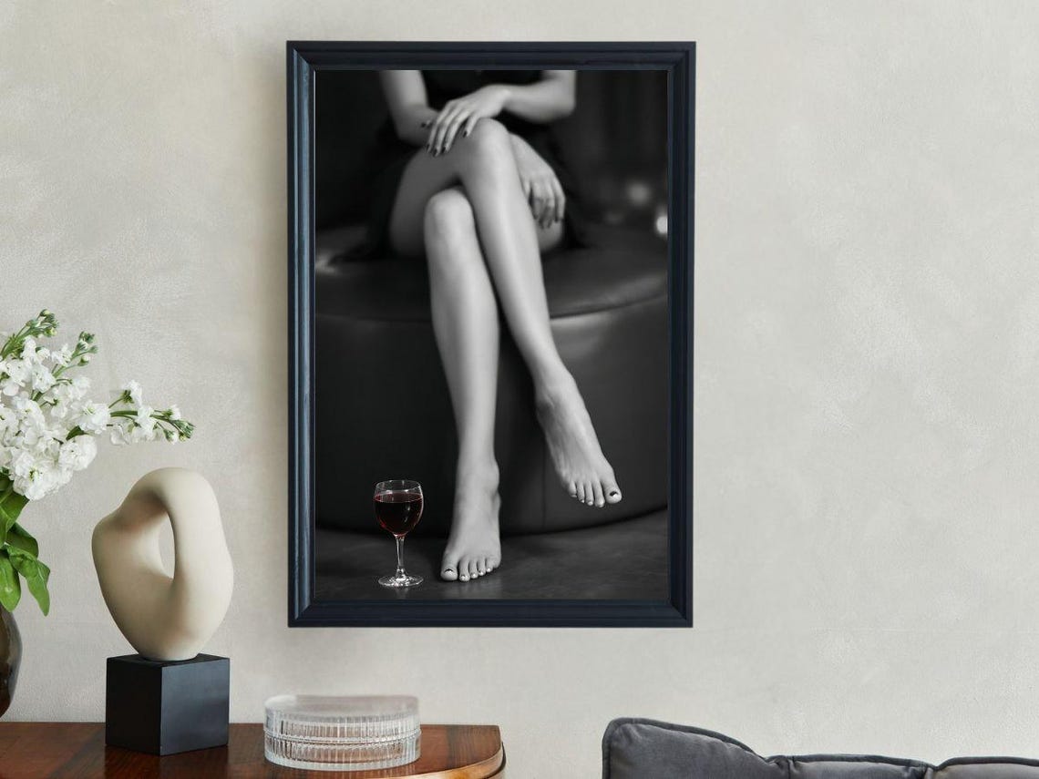 Barefoot Woman's Crossed Legs with Glass of Red Wine, B&W Poster - Image 3
