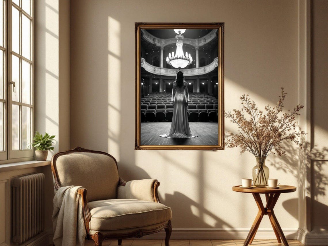 Woman in Gown Facing Empty Theater Stage, Dramatic B&W Poster - Image 2