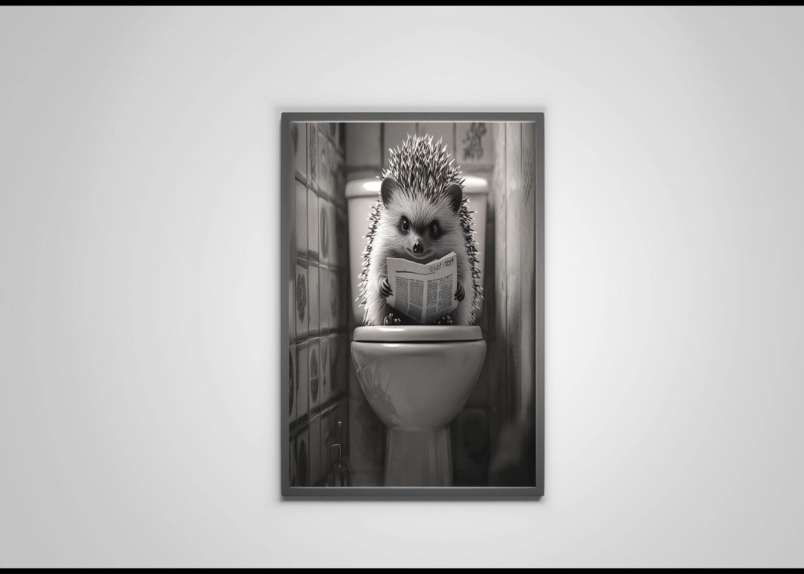 Hedgehog Sitting On Toilet Reading Newspaper Black And White Poster