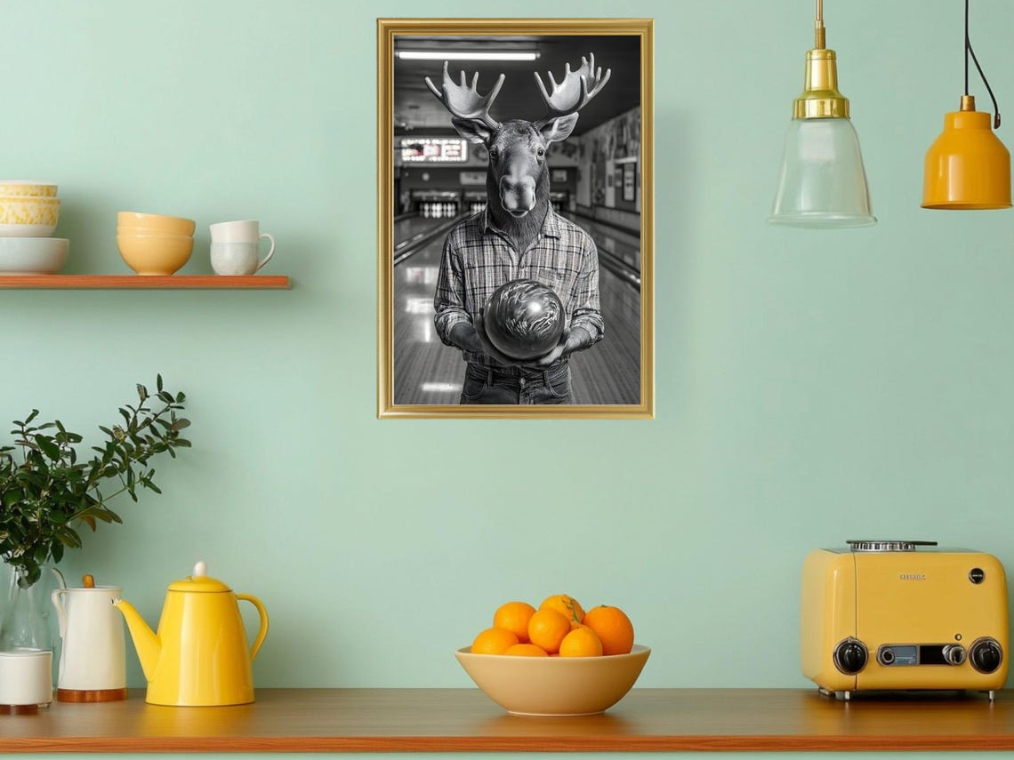Moose Bowling in Plaid Shirt Funny Animal Game Room Art Poster - Image 3