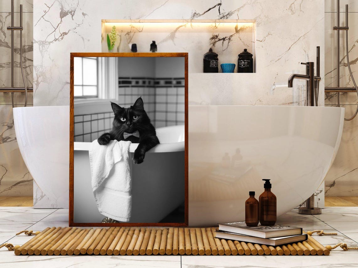 Dapper Black Cat with a Bow Tie Leaning Over a Bathtub Edge Poster - Image 5
