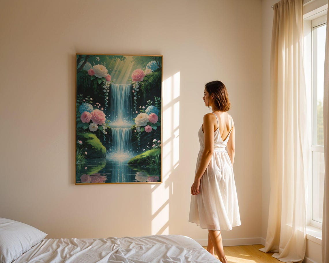 Blooming Rose Framed Waterfall Glowing Cascades Garden Art Print - Image 4
