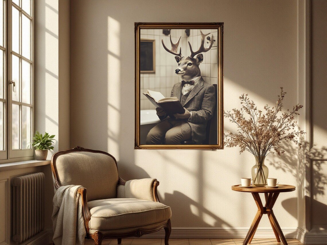 Vintage Portrait of a Stag Deer in a Suit Reading a Book Poster - Image 4