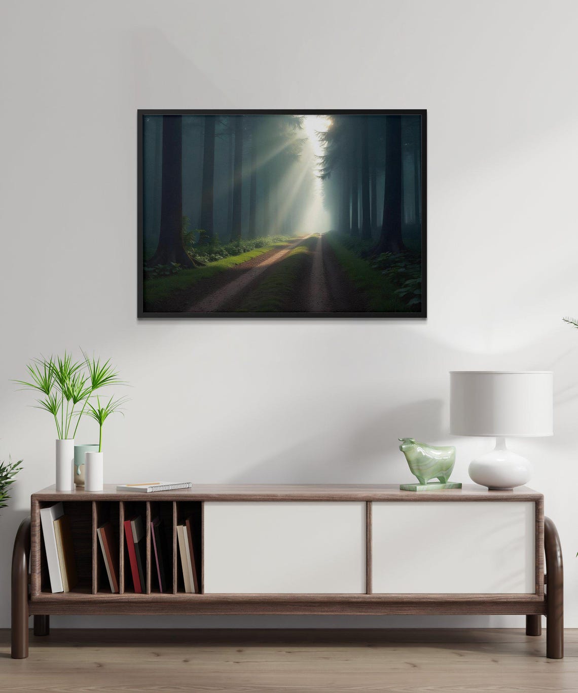 Sunlight Beams Streaming Through Tall Forest Pathway Nature Poster - Image 3