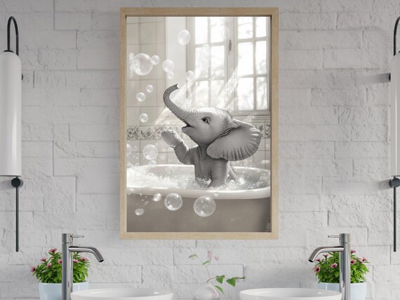 Baby Elephant Playing With Bubbles in a Big White Tub Poster