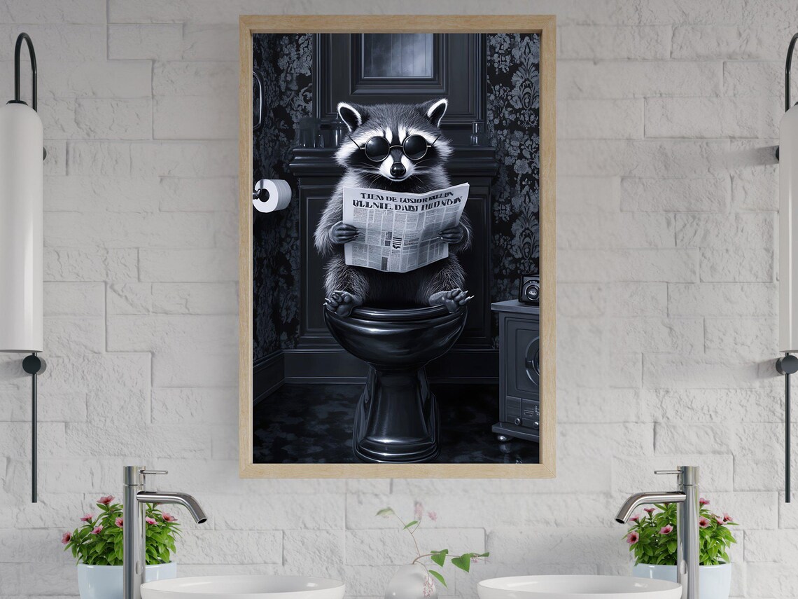 Cool Raccoon in Sunglasses Reading the Newspaper on the Toilet Poster