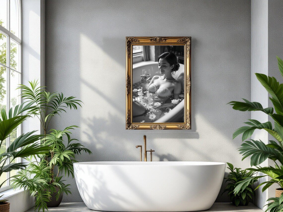 Serene Woman in Flower-Filled Bathtub with Wine Glass, B&W Poster - Image 2