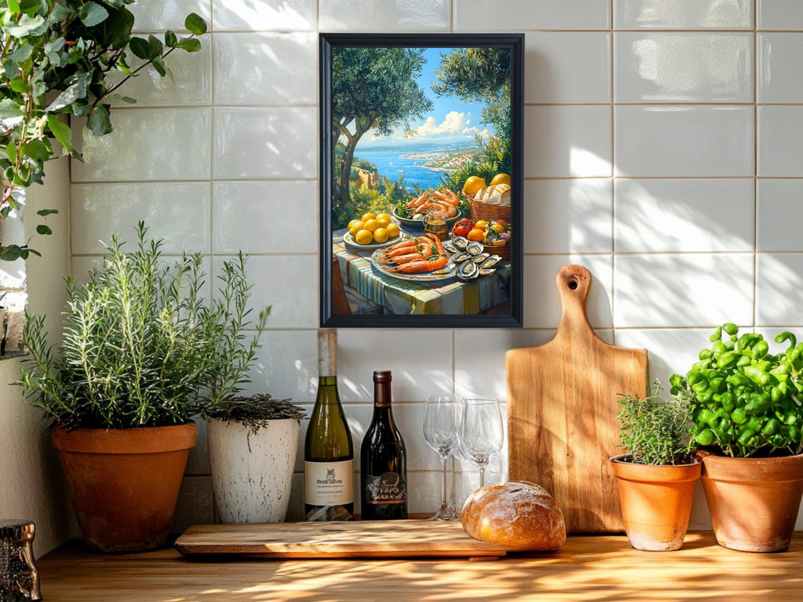Mediterranean Coastal Feast Wall Art Vibrant Dining Decor Print Seafood And Citrus Painting Nautical Home Accent - Image 2