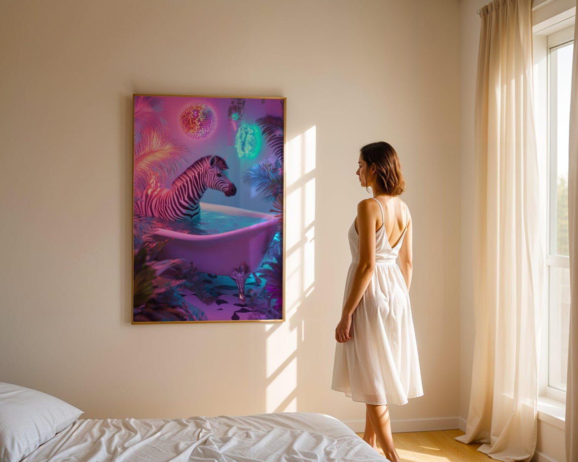 Zebra Soaking in a Bathtub Under Neon Tropical Lights Poster - Image 3