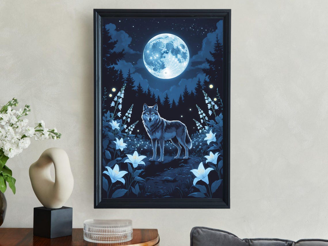 Wolf Under Moonlight Blue Forest Night Animal Scene Art Print