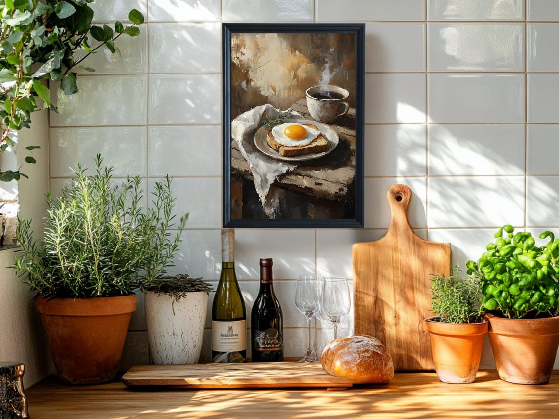 Rustic Breakfast Wall Art Fried Egg On Toast Coffee Painting Kitchen Decor Farmhouse Style Vintage Food Art Print Coffee Lover Gift - Image 5