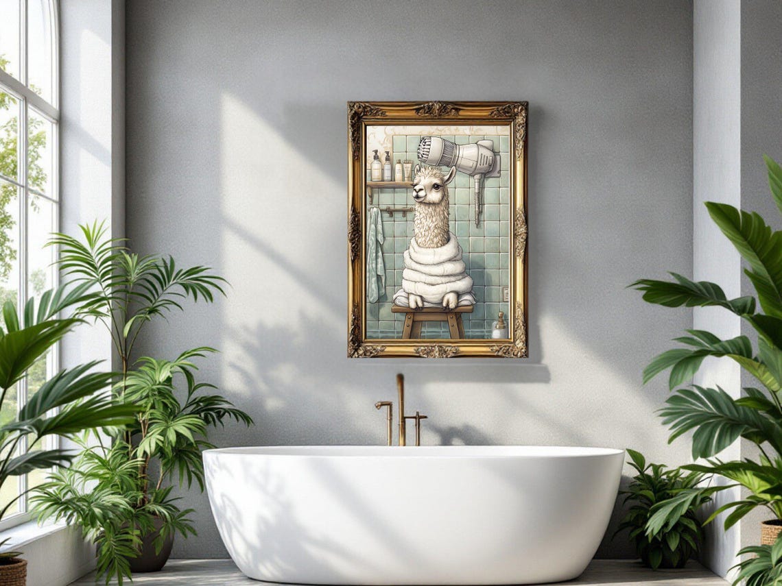 Alpaca Wrapped in a Towel Enjoying a Spa Day Bathroom Poster - Image 3