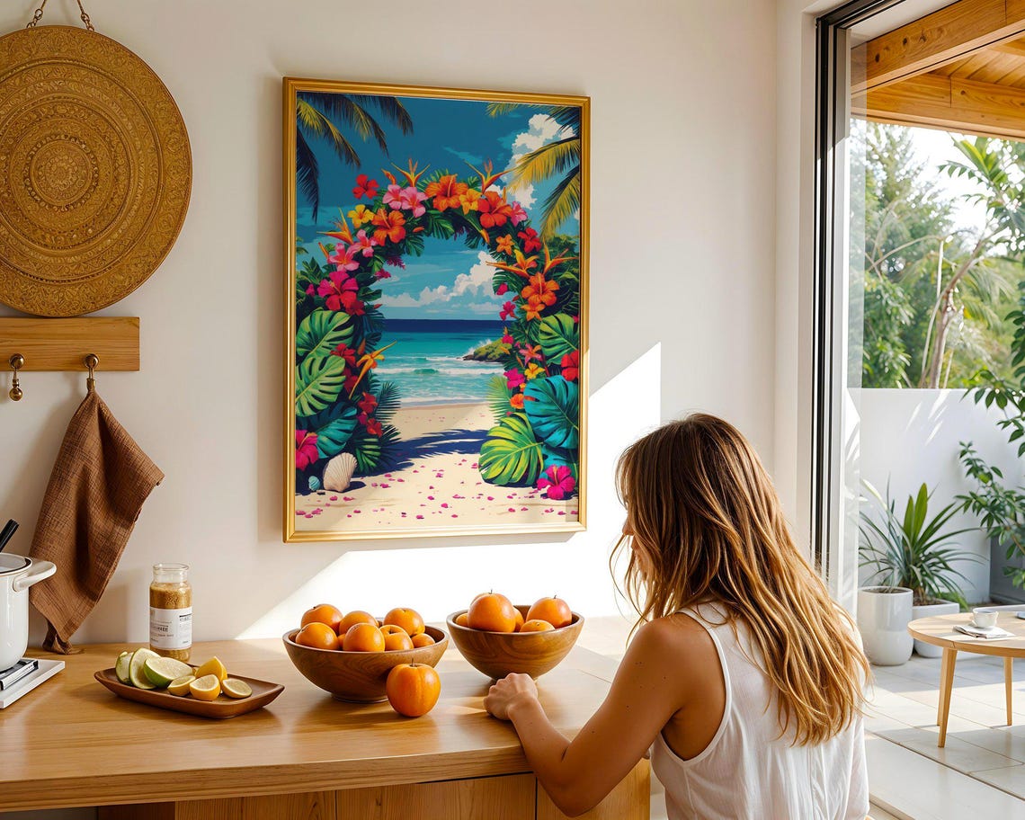 Tropical Beach Ocean View Framed By Hibiscus Flower Arch Poster - Image 2