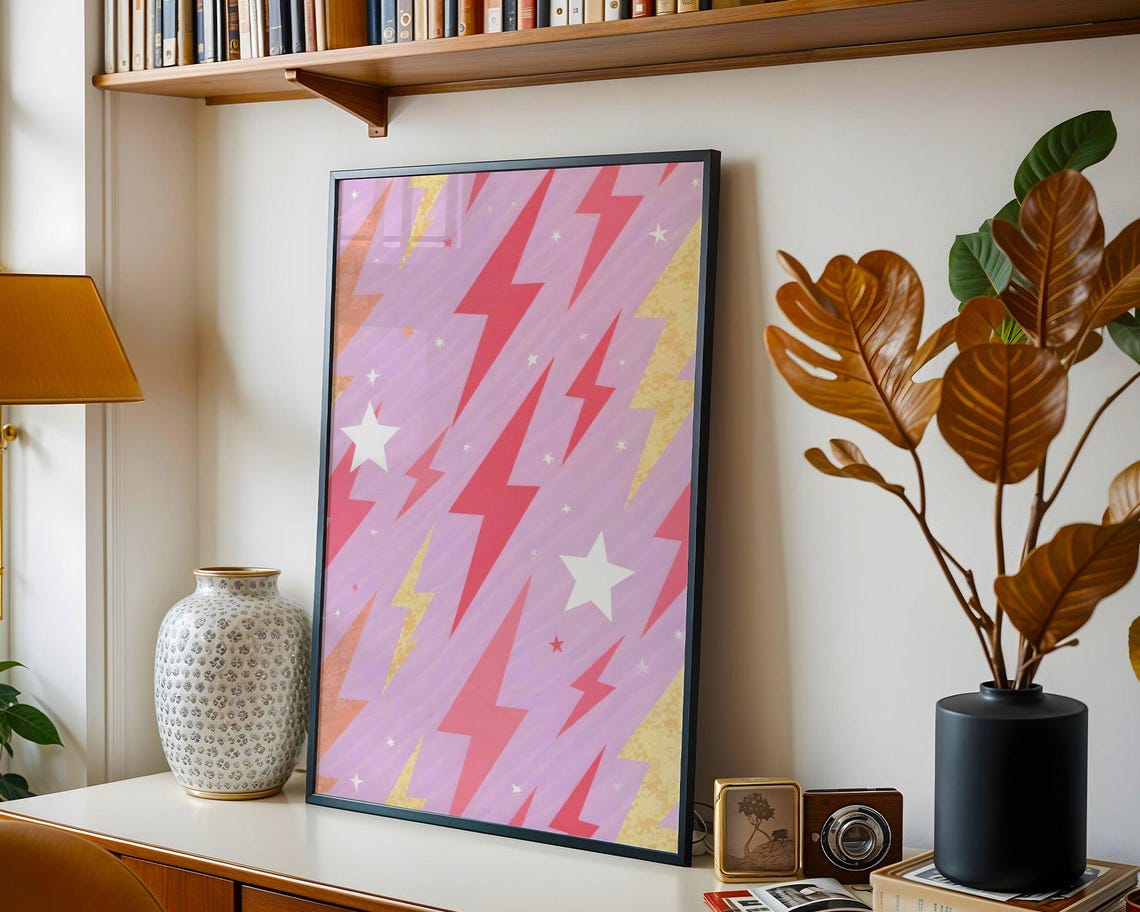 Vibrant Pink Lightning Bolt and Star Pattern Preppy Room Poster - Image 5