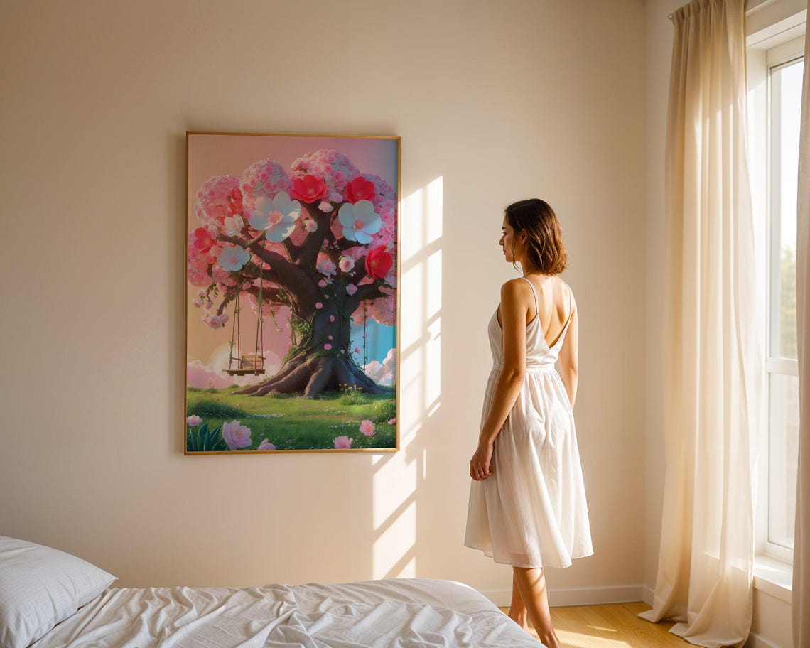 Blossoming Cherry Tree With A Wooden Swing Over A Sunny Meadow Poster - Image 4