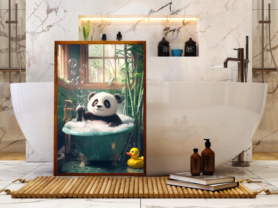 Cute Panda Bubble Bath with Rubber Duck Bathroom Fun Wall Art - Image 5