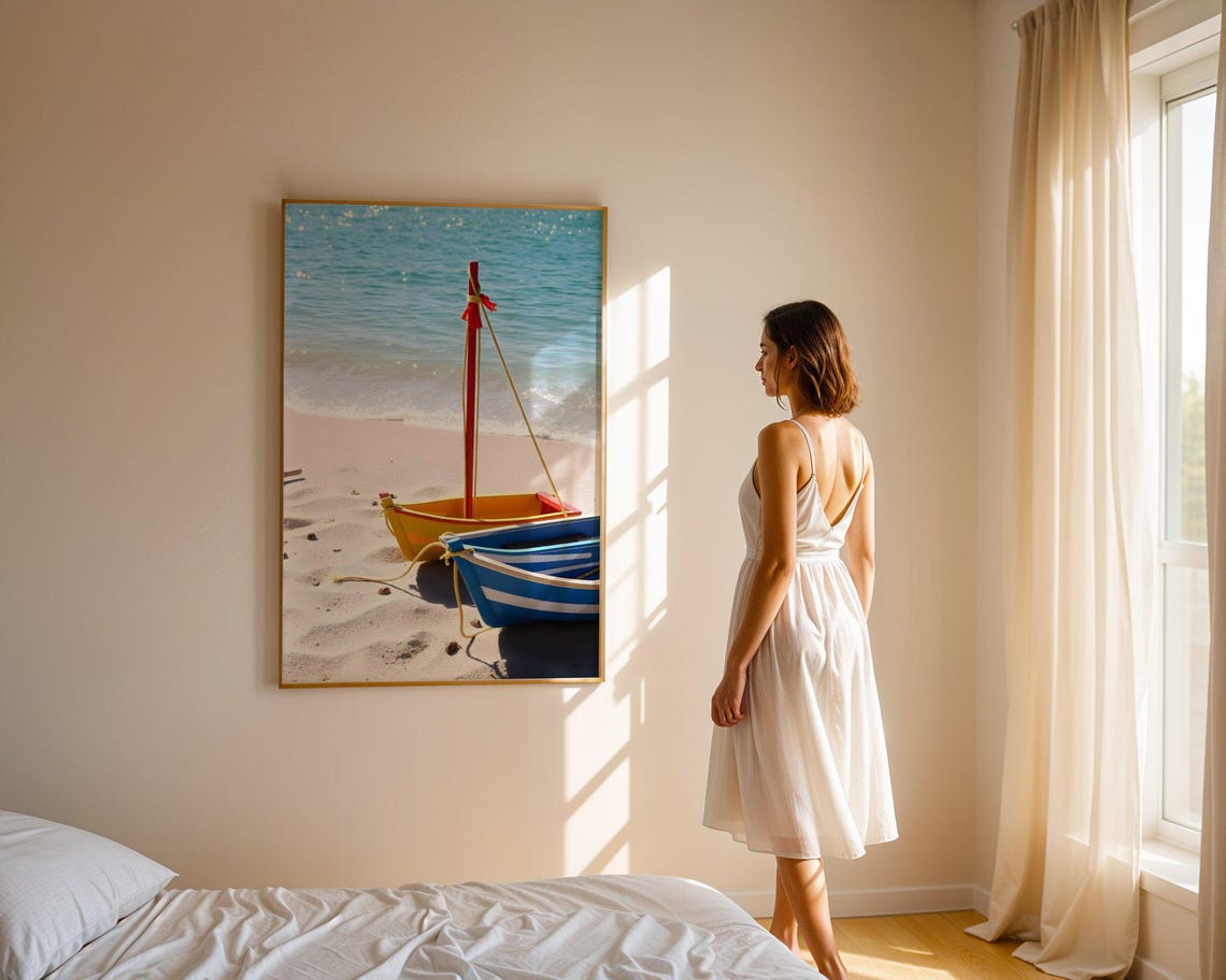 Two Colorful Wooden Boats Resting on Sunny Beach Shore Poster - Image 4
