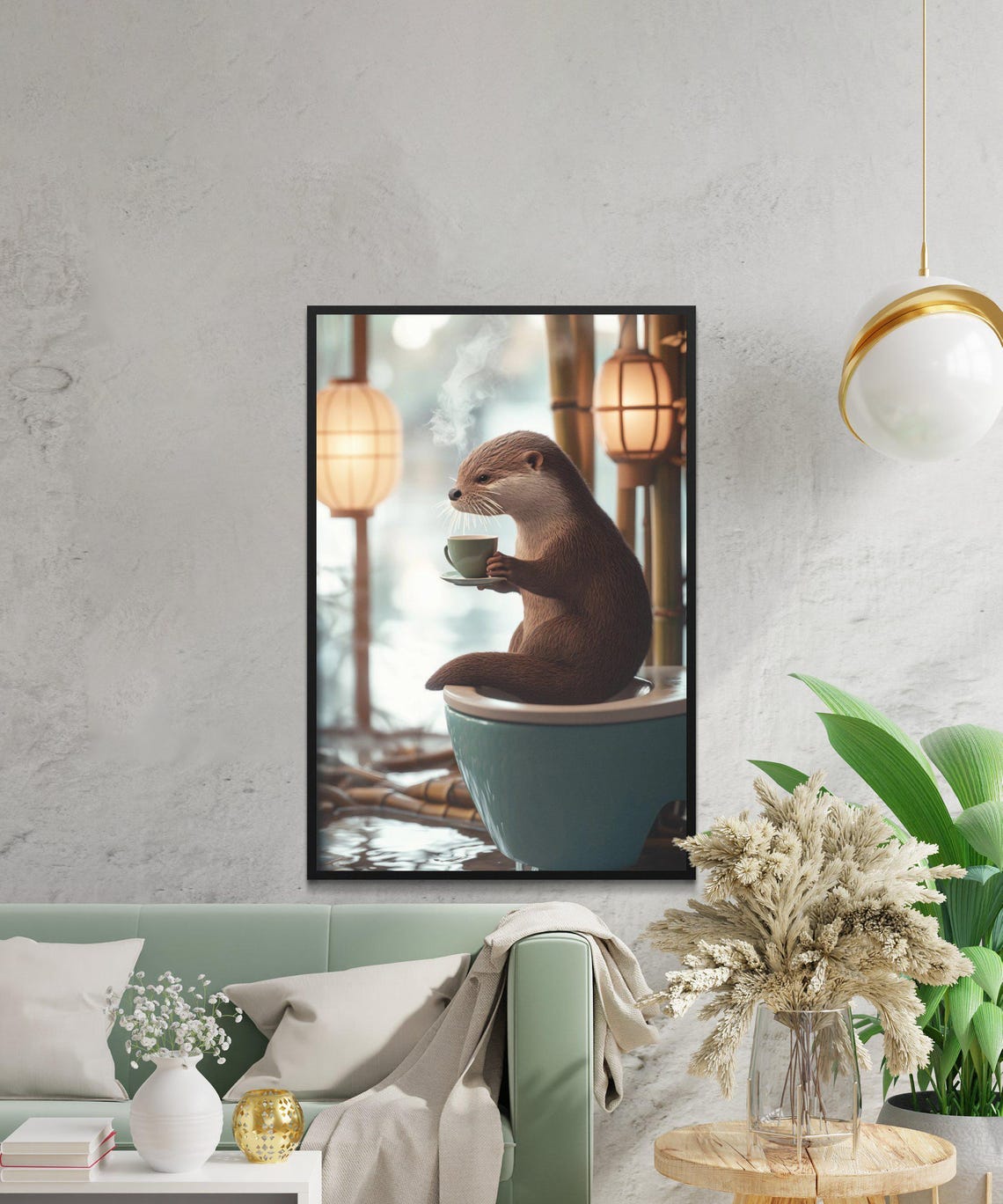 Serene Otter Drinking Tea While Sitting On A Teal Toilet Poster - Image 2