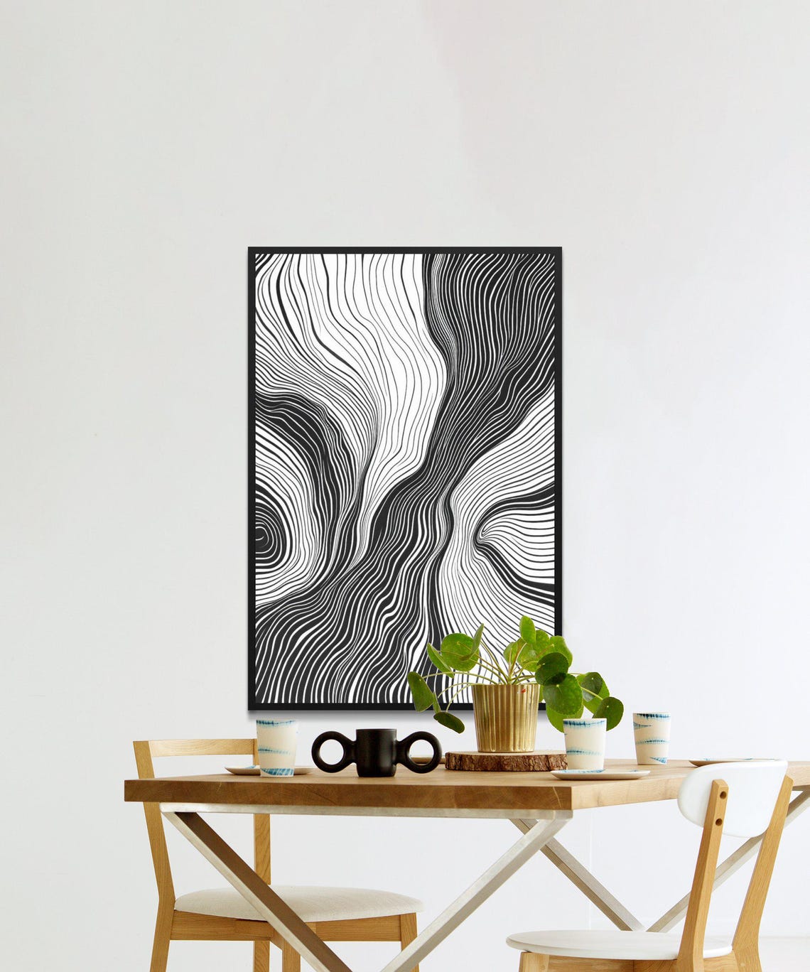 Black And White Flowing Wave Line Art Abstract Minimalist Poster - Image 2