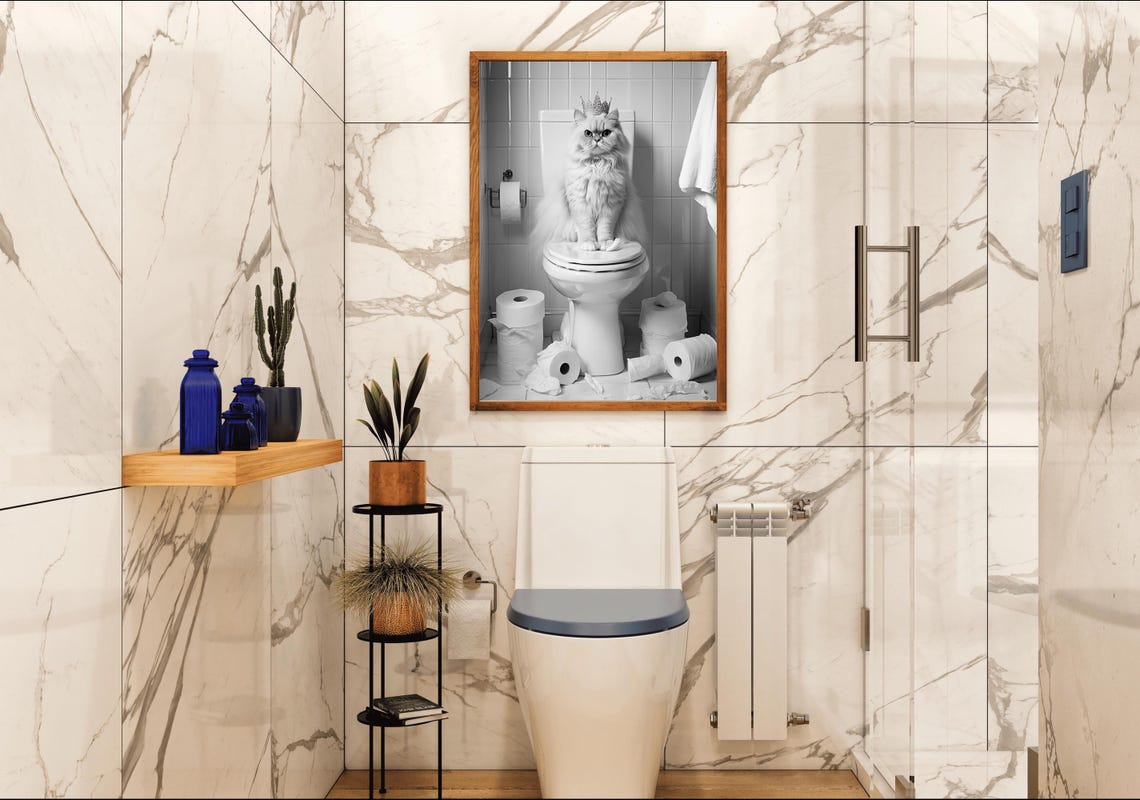 Fluffy White Persian Cat Wearing A Crown Sitting On A Toilet Poster - Image 4
