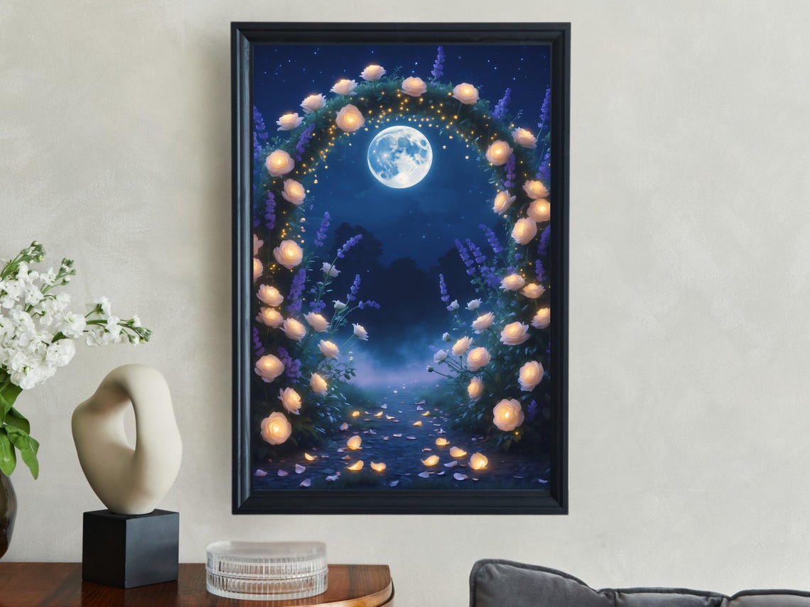 Glowing White Rose Arch Under A Full Moon In A Night Garden Poster