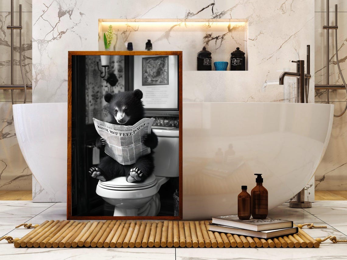 Funny Black Bear Cub Reading a Newspaper on the Toilet Poster - Image 5