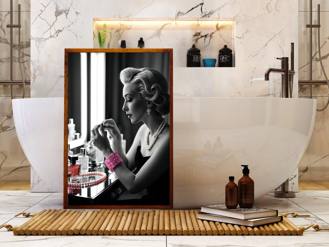 Elegant Woman Applying Lipstick At Vanity With Pearl Necklace Poster - Image 5