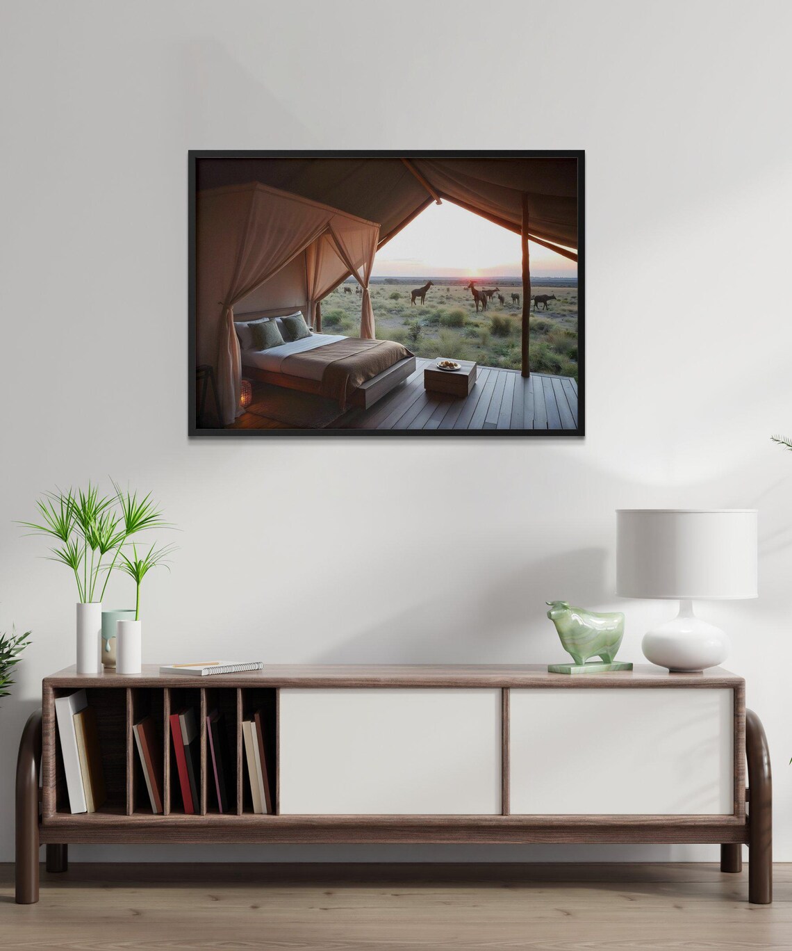 Safari Tent Bedroom Overlooking Giraffes on the Savanna at Sunset Poster - Image 3