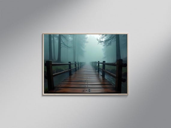 Mystical Forest Bridge Foggy Path Nature Wall Art Print Serene Misty Forest Wooden Bridge Decor Tranquil Nature Scene Poster