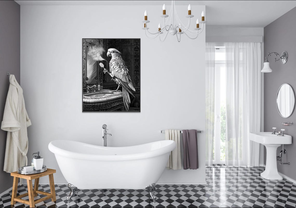 Parrot Holding a Shower Brush at an Ornate Sink Black and White Poster - Image 2