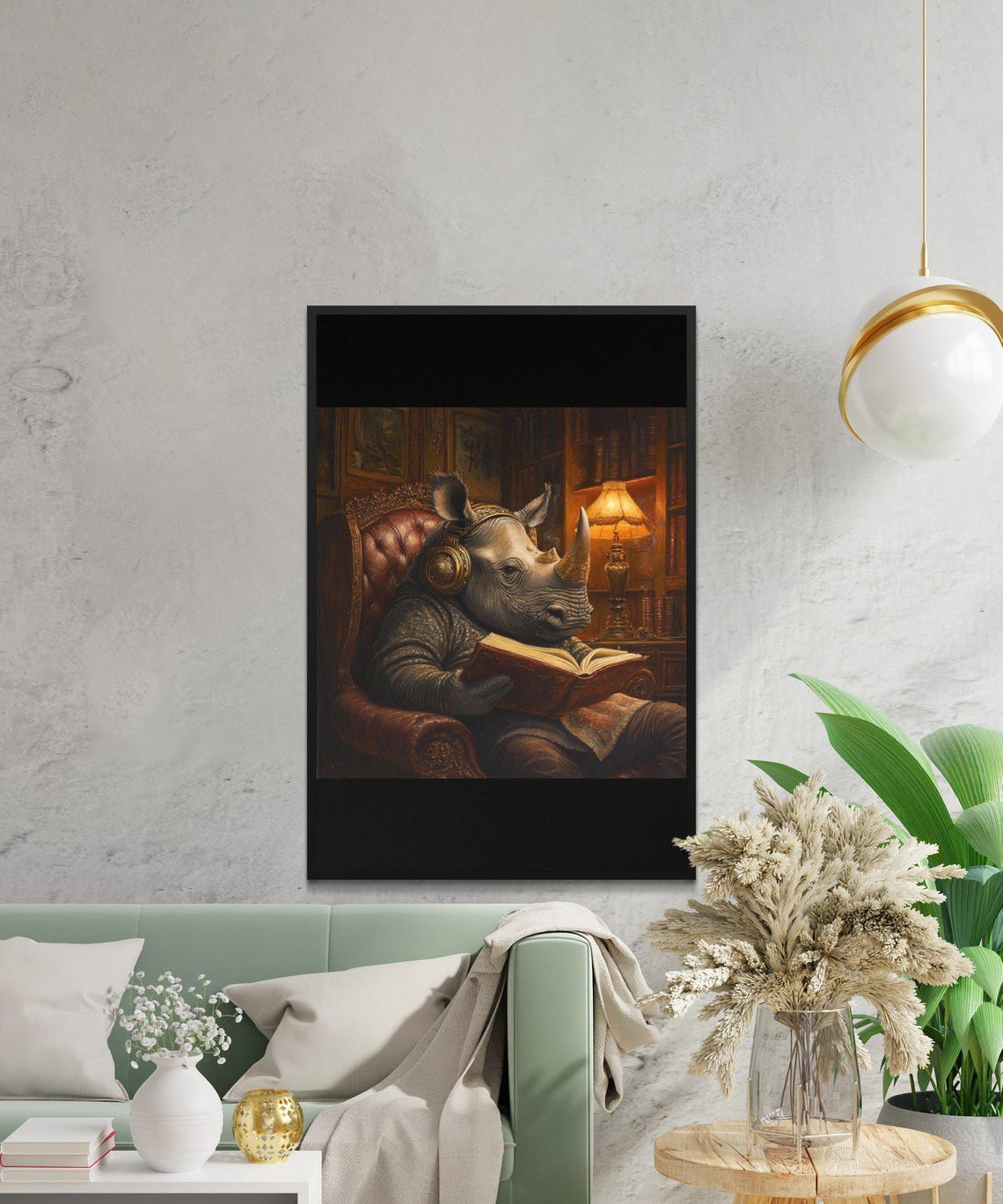Rhino Reading A Book In A Leather Armchair In A Cozy Library Poster - Image 2
