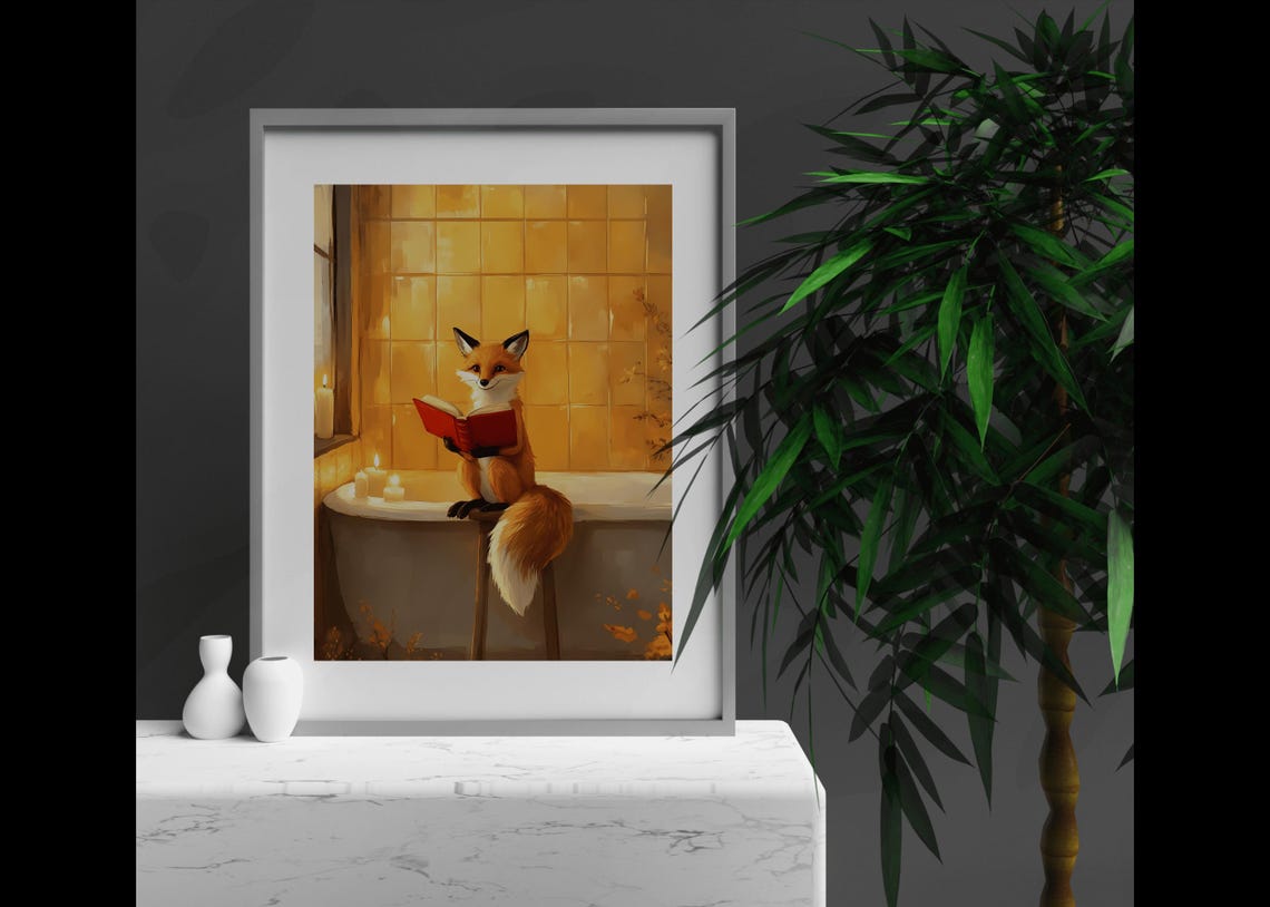 Orange Fox Reading Book Sitting On Bathtub Edge Warm Bathroom Poster - Image 5