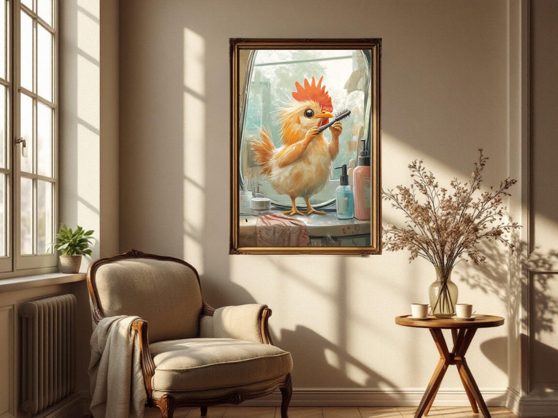 Adorable Baby Chicken Brushing Teeth in Front of Mirror Poster - Image 4