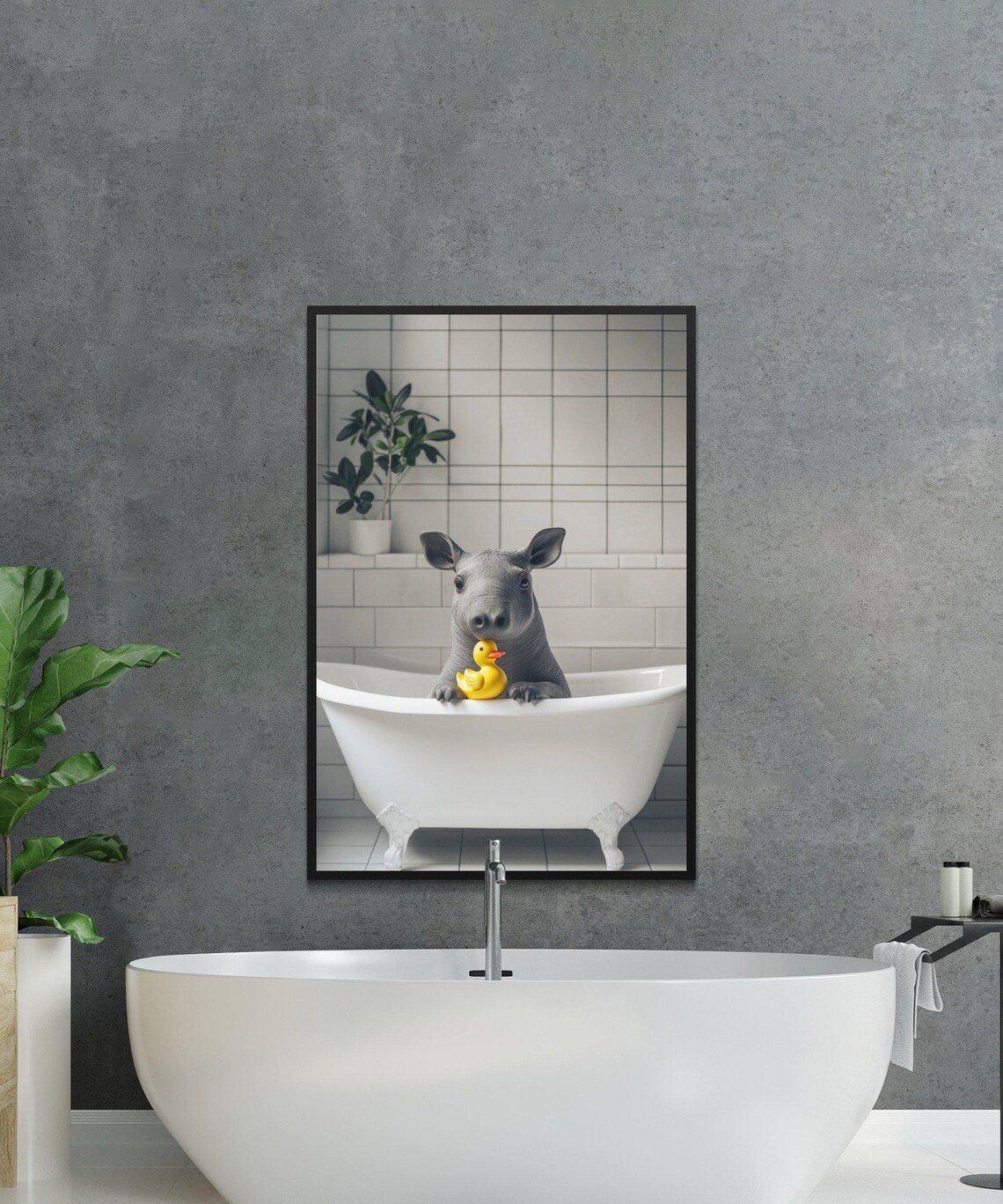Baby Rhino in Bathtub With Yellow Rubber Duck Funny Art Poster - Image 2