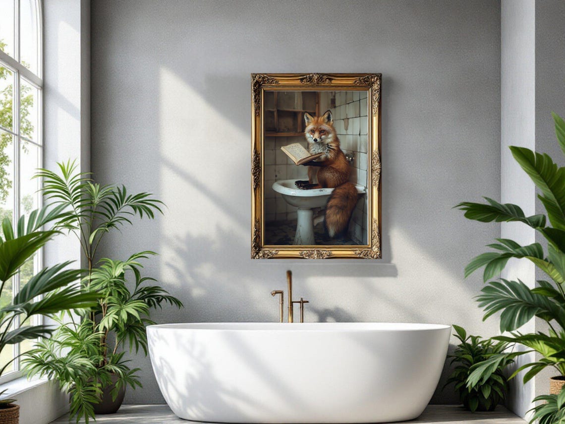 Red Fox Sitting in a Vintage Sink Reading an Open Book Poster - Image 3