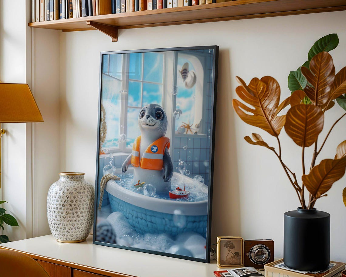 Baby Seal in a Life Jacket Playing in a Nautical Bubble Bath Poster - Image 4