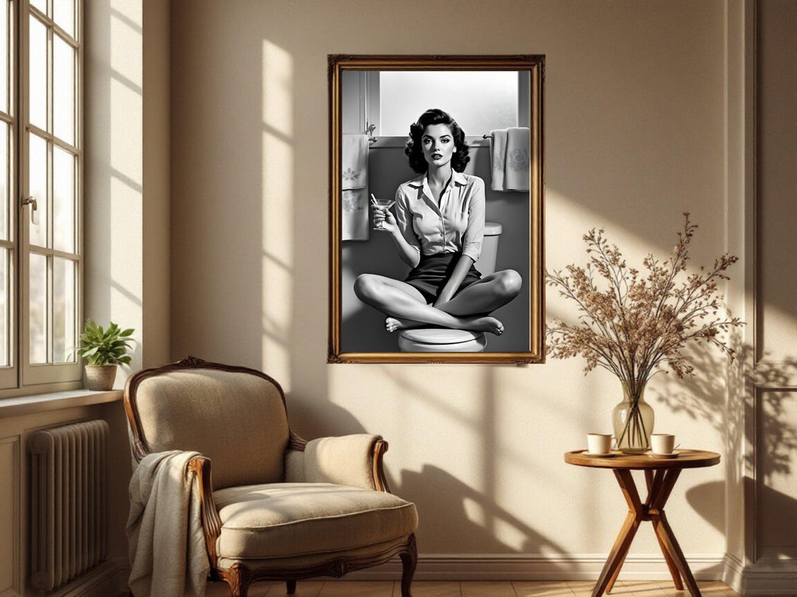 Dark Haired Pin Up Woman With Martini In Tiled Bathroom Poster - Image 5