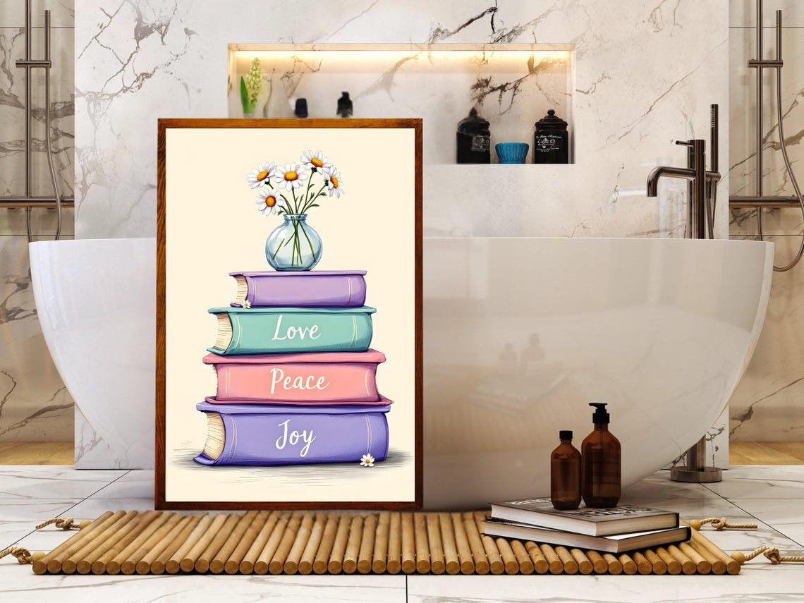 Love Peace Joy Stacked Books Daisy Vase Pastel Quote Wall Art - Image 2
