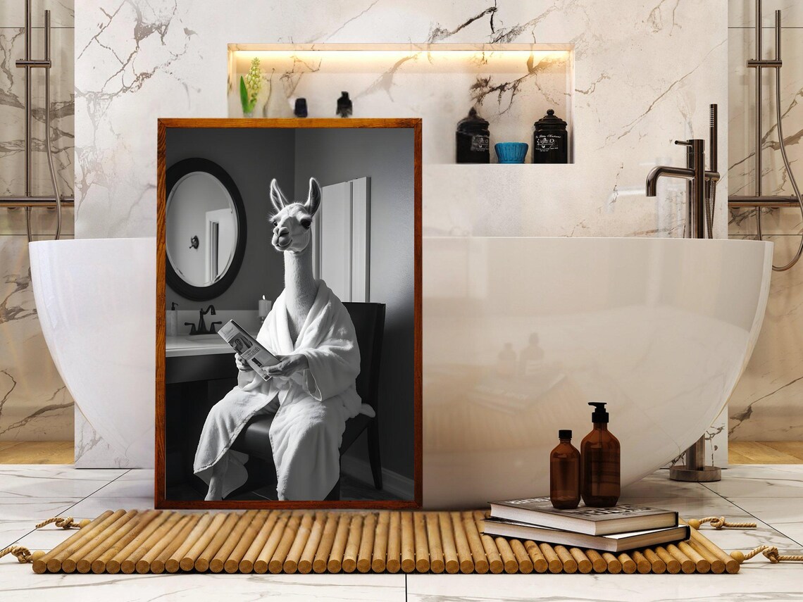 Llama In White Bathrobe Reading Newspaper Black And White Animal Poster - Image 5