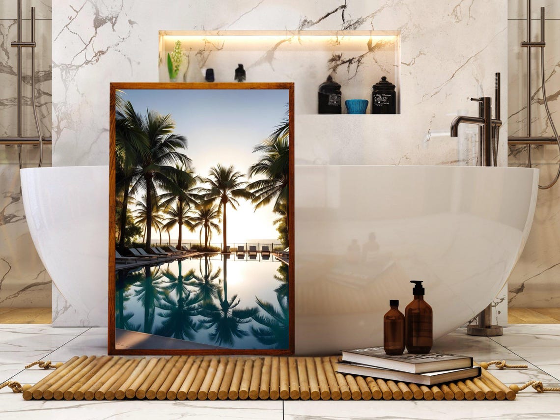 Tall Palm Trees Mirrored in Still Pool at Sunrise Resort Poster - Image 2