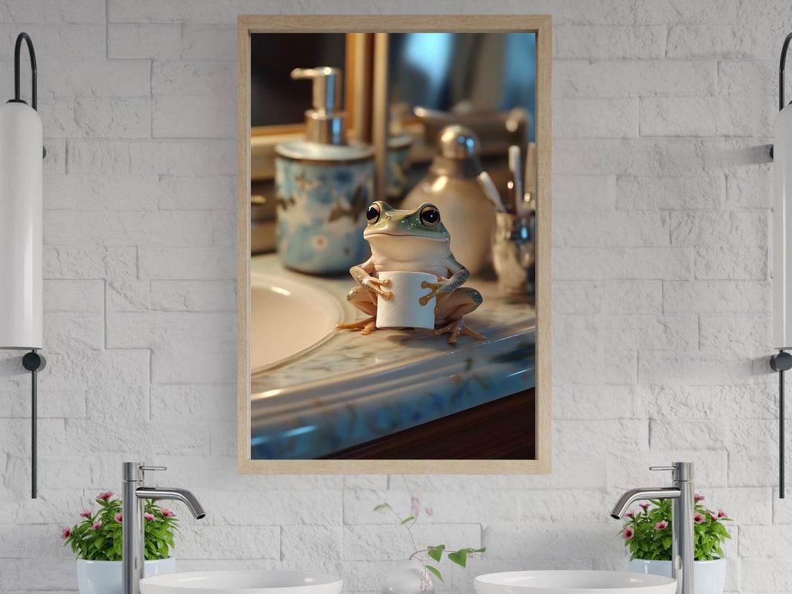 Cute Frog Holding Toilet Paper While Sitting on a Bathroom Sink Poster