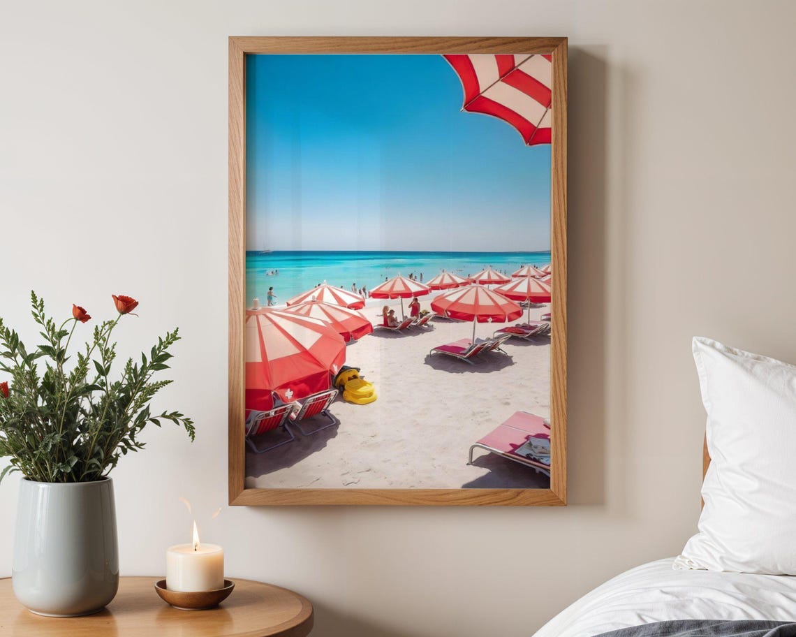 Red Striped Beach Umbrellas on White Sand Summer Photo Poster