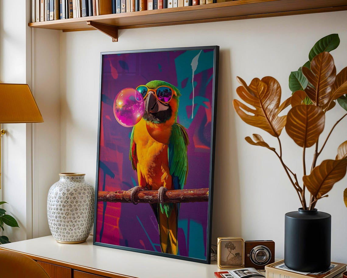 Cheerful Parrot Blowing Pink Bubblegum Bubble With Sunglasses Poster - Image 2
