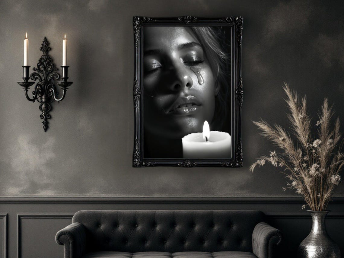 Emotional Woman With A Tear Beside A Candle Moody Portrait Poster - Image 4
