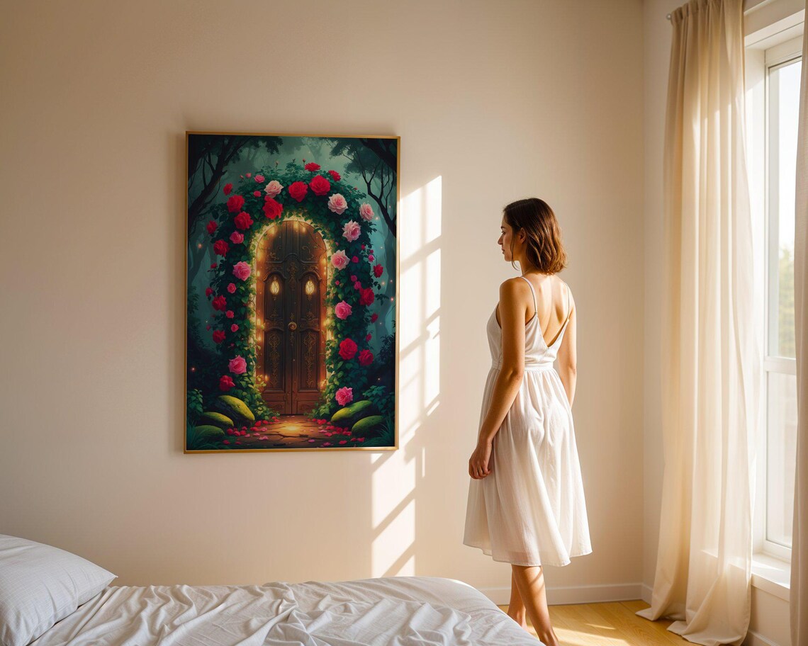 Enchanted Wooden Door Wrapped In Red And Pink Roses At Night Poster - Image 4