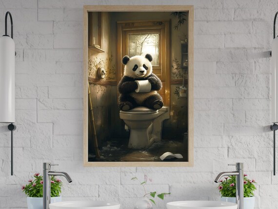 Cute Panda Sitting On Toilet Holding Toilet Paper Funny Poster